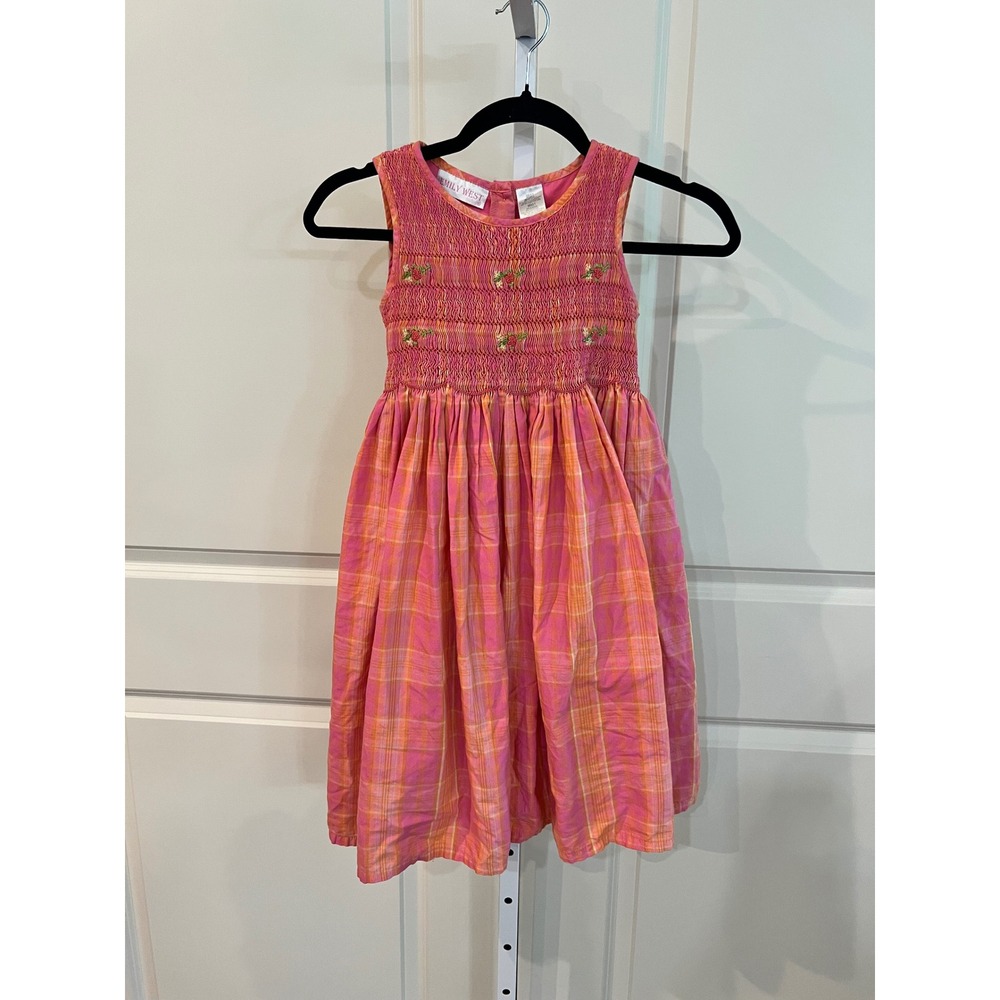 Emily West Vintage Girls Pink Orange Plaid Smocked  Embroidered Dress Size 7